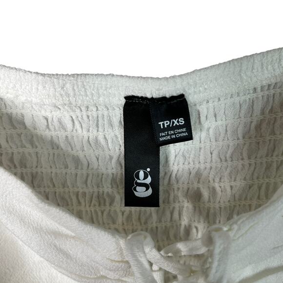 G Womens Lace-Up Cropped Top Off Shoulder Smocked Back White XS - Picture 4 of 5